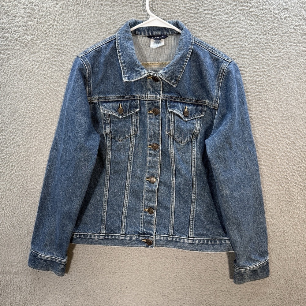 Lands End Jacket Womens 14 Blue Denim Grunge Trucker Preppy BOHO 90s Y2K